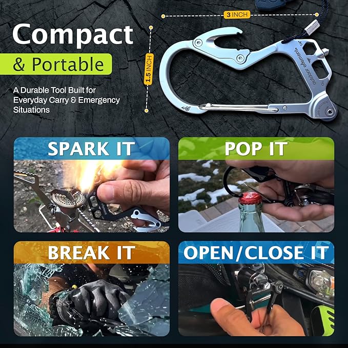 OUTDOOR ELEMENT Fire Escape, Emergency Escape Tool, Seatbelt Cutter, Window Breaker, Multi Tool, Fire Starter, Carabiner, and