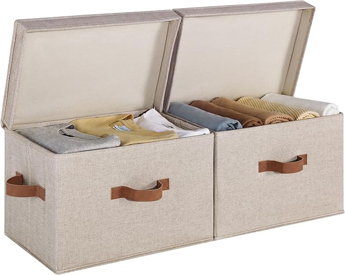 StorageWorks Fabric Storage Bins with Lid, Decorative Storage Boxes for Shelves, Stackable Closet Organizer Basket with Handl