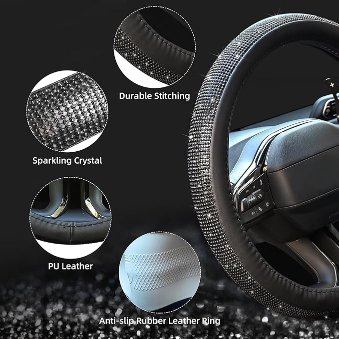 New Diamond Leather Steering Wheel Cover with Bling Bling Crystal Rhinestones, Universal Fit 15 Inch Car Wheel Protector for 