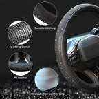 New Diamond Leather Steering Wheel Cover with Bling Bling Crystal Rhinestones, Universal Fit 15 Inch Car Wheel Protector for 