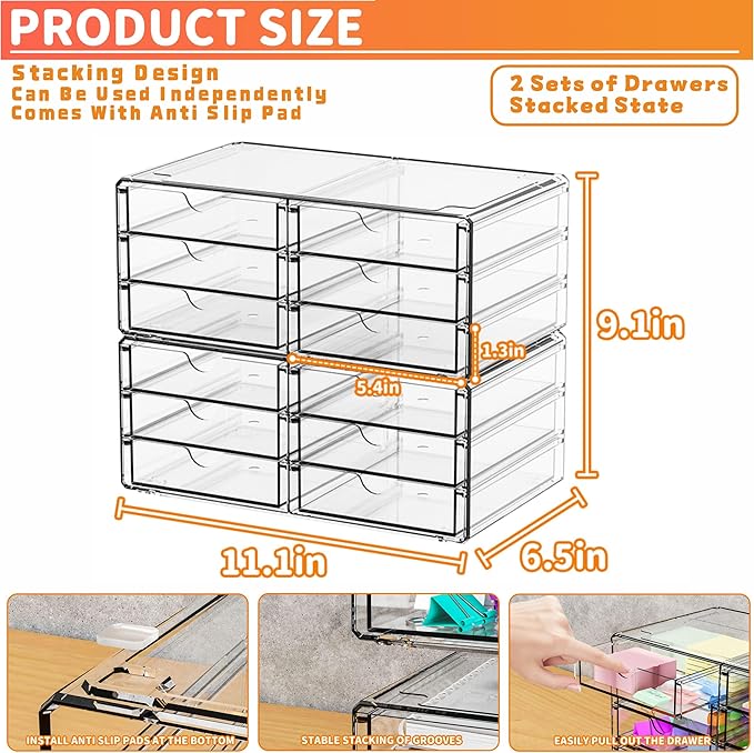 Yieach 2 Pack Acrylic Storage Drawers With 12 Small Drawer,Stackable Office Cabinet Organizer and Makeup Organizer,Clear Plas