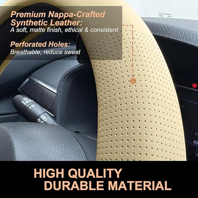PINCTROT D Shaped Nappa Leather Steering Wheel Cover, Slim Fit No Bulk Design, One Piece Leather with Breathable Perforation,