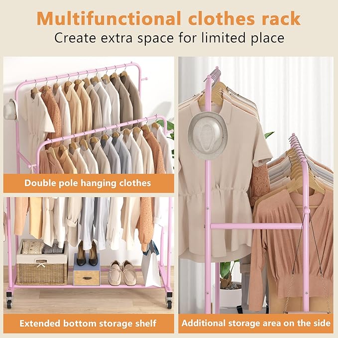 Laiensia Double Rods Garment Rack with Wheels, Clothing Rack for Hanging Clothes,4 Hooks, Multi-Functional Bedroom Clothes Ra