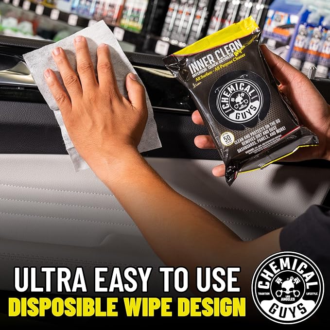 Chemical Guys InnerClean Interior Quick Detailer & Protectant Wipes – 50 Pack Multi Surface Interior Cleaner Wipes for Dashbo
