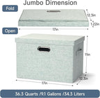 Graciadeco Large 17" 36 Quart Collapsible Stackable Storage Bins with Lids, 3 Packs Light Green Linen Fabric Closet Boxes wit