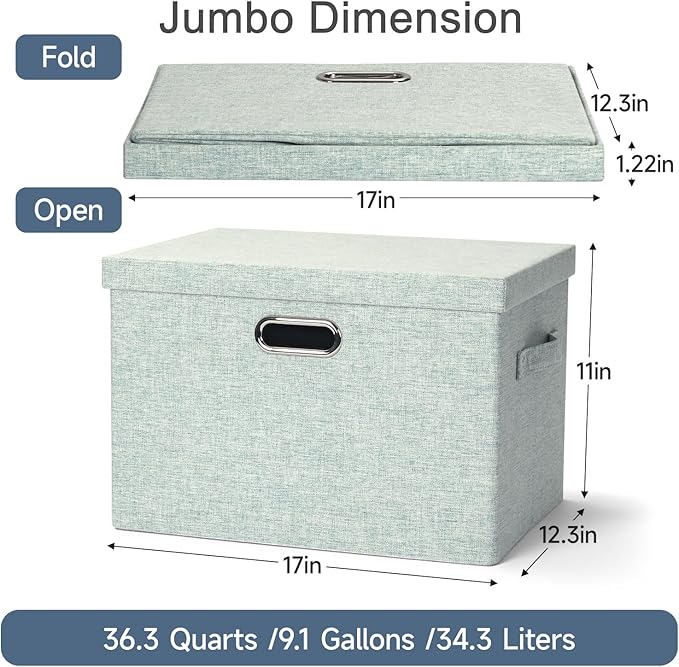 Graciadeco Large 17" 36 Quart Collapsible Stackable Storage Bins with Lids, 3 Packs Light Green Linen Fabric Closet Boxes wit