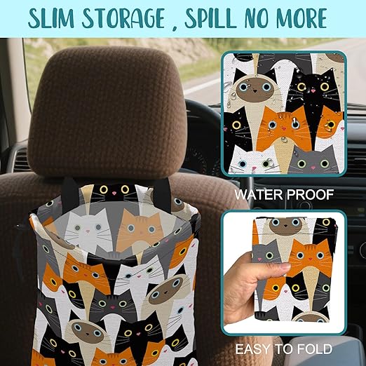 Car Trash Bag Cute Cartoon Cats Leak-Proof Waterproof Car Garbage Bag with Drawstring Foldable Canvas Trash Bin with Adjustable Buckle for Car Accessories, Travelling, Camping