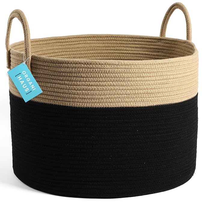 OrganiHaus Large Woven Storage Basket for Blankets and Toys 20" x 13" Inch, Rope Laundry Basket with Handles, Cushions & Pill