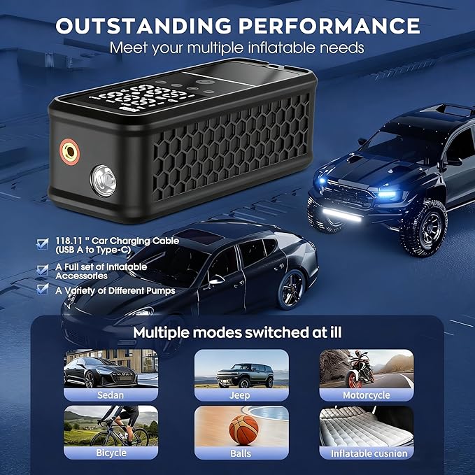 Tire Inflator Portable Air Compressor, 6000mAh Air Pump for Car Tires 160 PSI Portable Air Pump with Tire Gauge Pressure & LED Light & Auto Shut-Off Cordless Bike Pump for Car, Motor, Bike, Ball