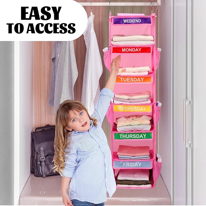 2 Pack 6-Shelf Weekly Clothes Organizer for Kids, Hanging Daily Closet Organization with 6 Side Pockets, Days of The Week Clo