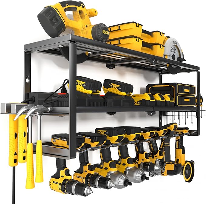 YYR Heavy Duty Power Tool Organizer with Charging Station, Cordless Drill Hanger Storage Rack, Battery Tools Holder Wall Moun