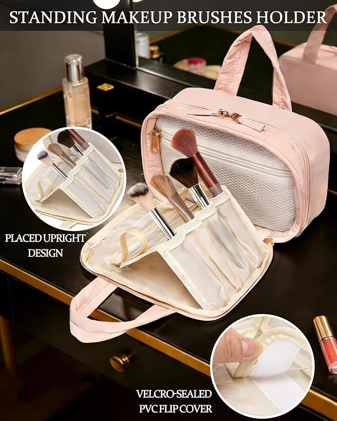 Makeup Bag, Travel Cosmetic bag, Toiletry Bag For Women, Make up Bag With Brush Storage, Hanging Toiletry Bag, Puffy Padded M