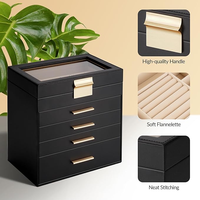 Somduy Jewelry Box, 5 Layers Jewelry Storage Display Box with Glass Lid for Women, 4 Drawers,Large Capacity for Necklace Earr