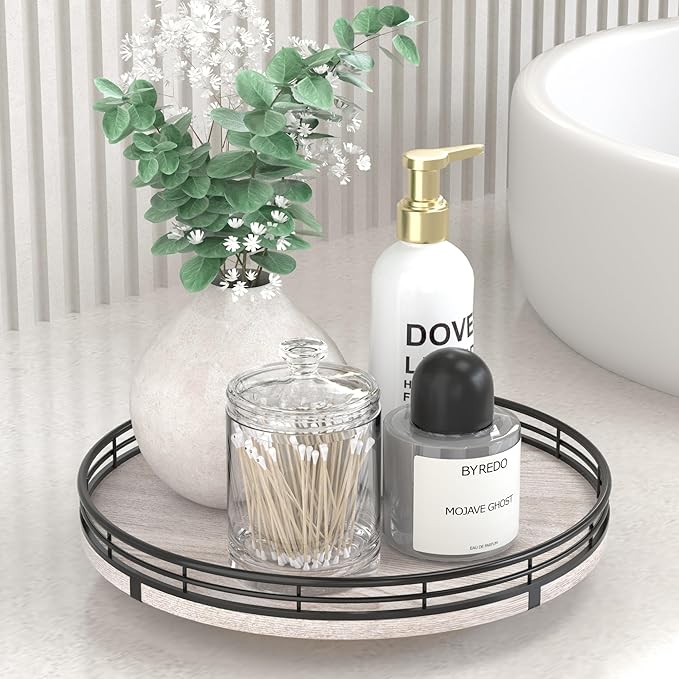 10" Oak Bathroom Vanity Tray Turntable for Perfume Candle, Round Wooden Decorative Tray for Kitchen Sink Countertop Organizer
