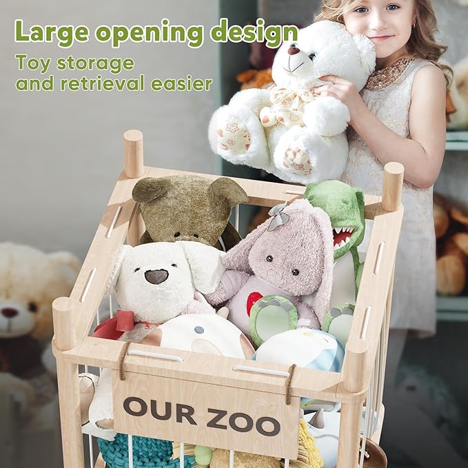 Dayacoco Stuffed Animal Storage, Wood Stuffed Animals Organizer Holder Zoo, Extra Large Capacity Stuff Storage with Elastic B
