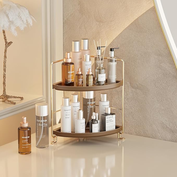 FSyueyun 2-Tier Corner Bathroom Counter Organizer, Tool-Less Installation Corner Vanity Organizer Small Plastics Countertop M
