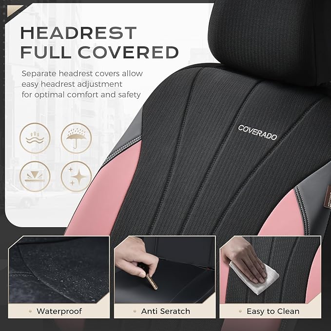 Coverado Seat Covers 5 Seats, Luxury Car Seat Covers Full Set, Automotive Car Protectors, Pink Driver Seat Covers, Car Access