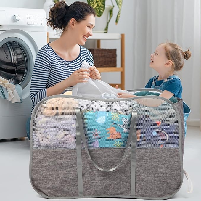 Collapsible Laundry Baskets with 3 Compartment, 150L Tear-proof Pop Up Hamper, Foldable Laundry Basket with Tote Handles, Dir