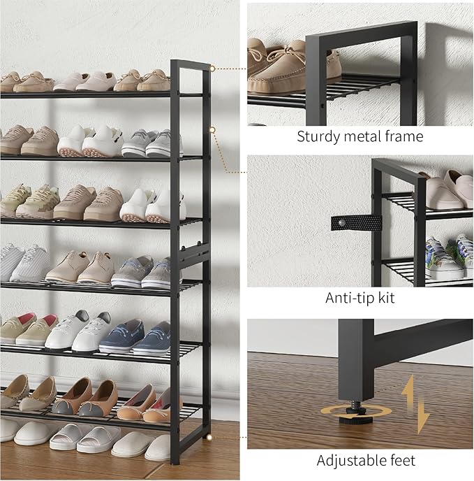 Stackable Shoe Rack, 6 Tier Metal Shoes Rack Storage Organizer,Large Capacity Shoe Shelf Max Holds 30 Pairs of Shoes,Sturdy a