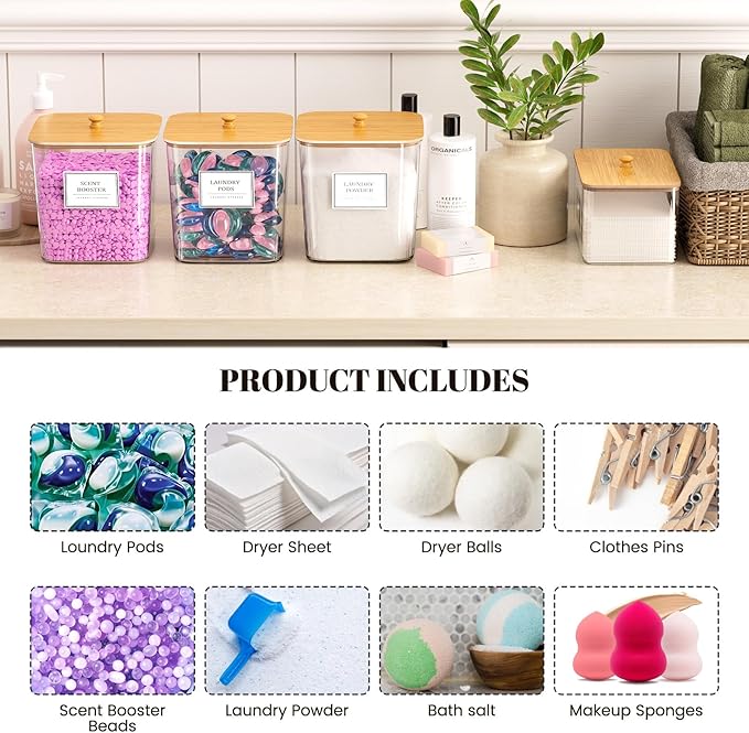 2+1 Pack Laundry Pods Container,Clear Laundry Detergent Powder Storage Containers,Laundry Room Organization Containers with W