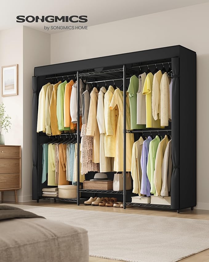 SONGMICS Heavy-Duty Clothes Rack, Garment Rack, Portable Closet, 68.7-Inch Wide Clothing Rack with Adjustable Mesh Shelves an