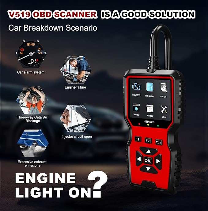 V519 OBD2 Diagnostic Scanner Tool - Vechicle Check Engine Light Code Reader with Battery Voltage Tester, I/M Readiness, Reset,