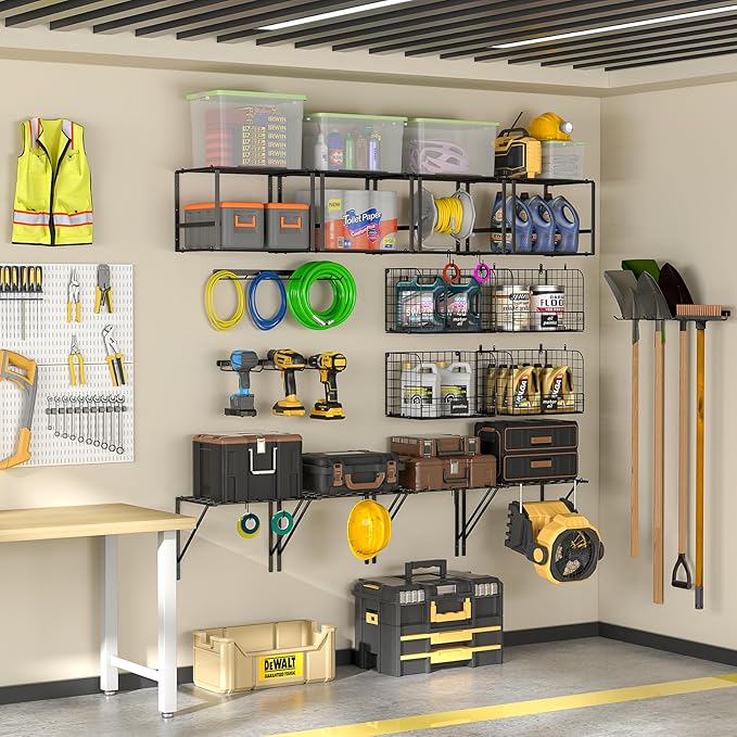 ThreeHio Garage Shelf Wall Mounted with Wire baskets, Heavy Duty Garage Wall Shelving with Garden Tool Rack and Hooks, Wire S