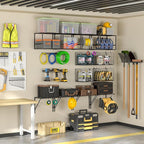 ThreeHio Garage Shelf Wall Mounted with Wire baskets, Heavy Duty Garage Wall Shelving with Garden Tool Rack and Hooks, Wire S