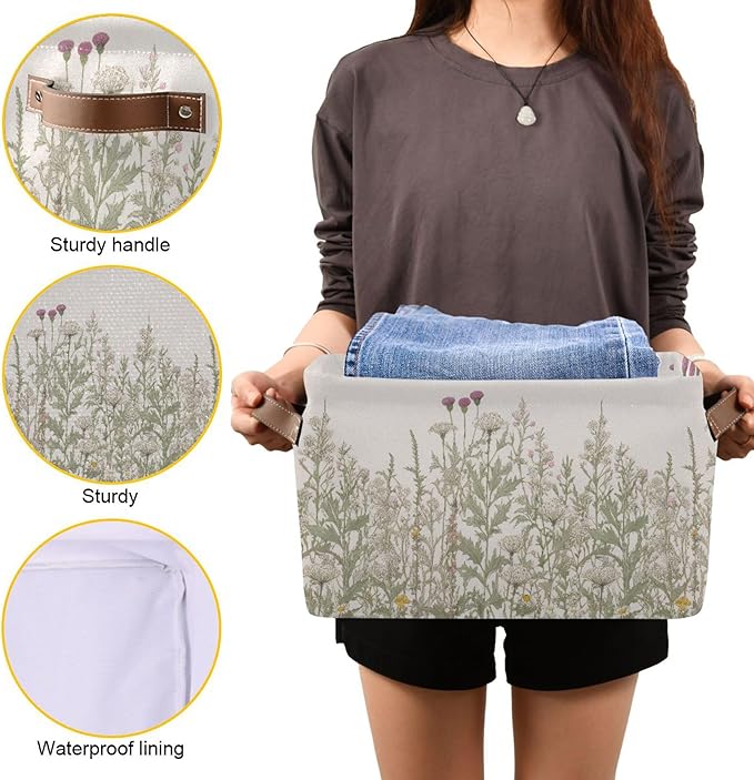 xigua Vintage Colorful Herbs Wild Flowers Floral Storage Basket Collapsible Toy Storage Bins Waterproof Canvas Storage Basket