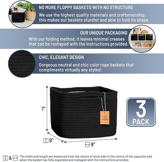 NaturalCozy Storage Cubes 9”x9”x7”Cotton Rope Woven Baskets for Organizing 3-Pack | 9 Inch Cube Storage Bin | Small Basket fo