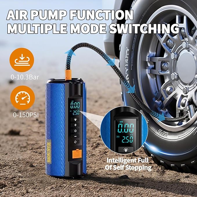 Jump Starter with Air Compressor,2500A car battery Jump starter,12V car booster jumper cable kit,Car Charger 150PSI portable tire inflator,battery charger,multi-function LED outdoor emergency lighting