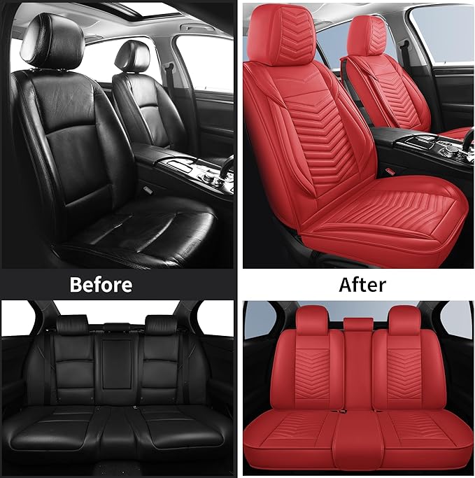Nappa Leather Car Seat Covers Full Set, Red Car seat Protector 5 Seats, Waterproof Car Seat Cushion, Universal Automotive Sea