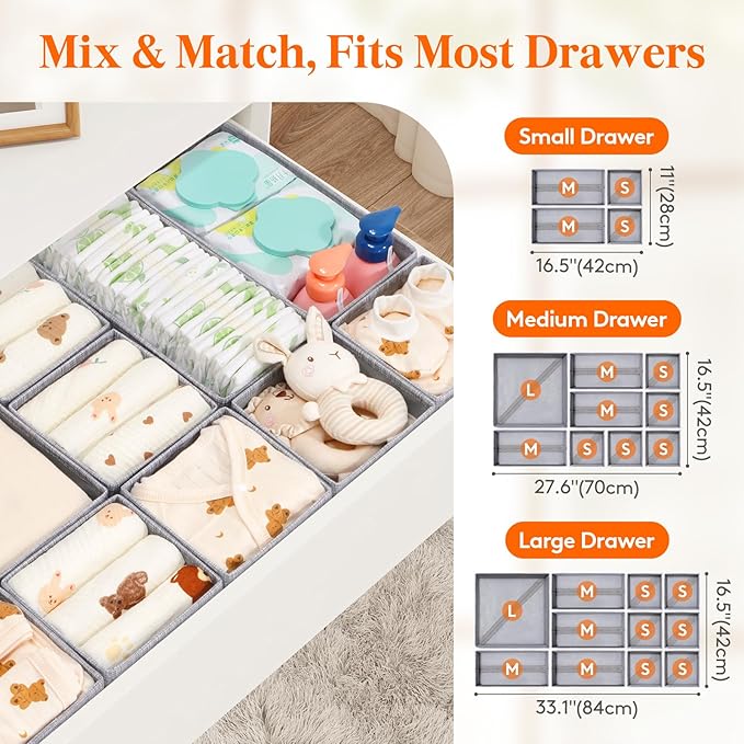 Lifewit Nursery Drawer Organizer for Clothes 28 Pack, Certified Child-safe Dresser Drawer Divider Storage Bins, Foldable Clot