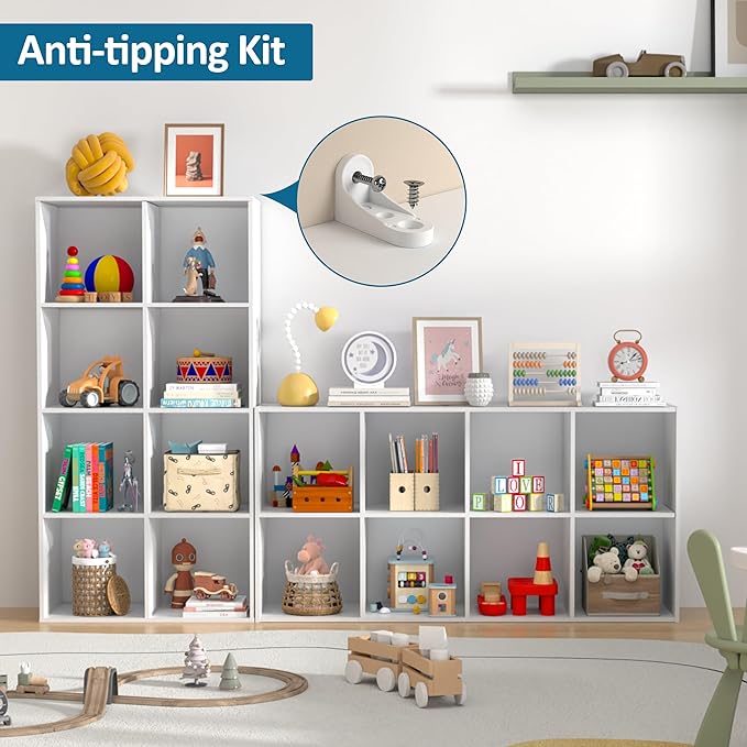 PrimeZone Stackable 8 Cube Storage Organizer: Wood Cubes Shelf Fits Cubby Bins - Square Cubicle Bookshelf Cabinet for Closet 