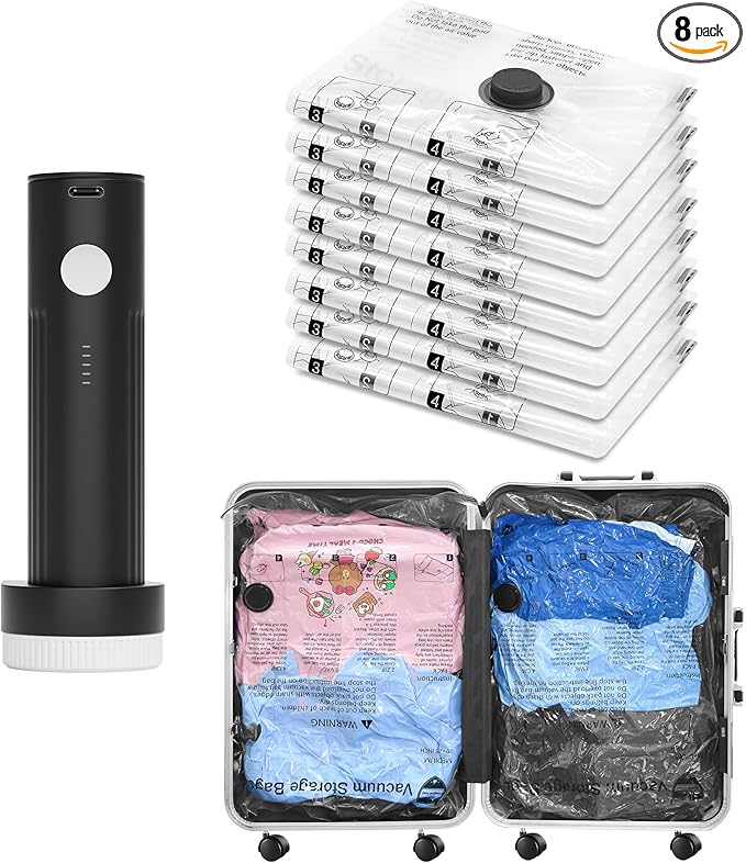 Vacuum Bags for Travel with Rechargeable Pump, 8 Small Compression Packing Seal Bags for Luggage Suitcase, Space Saver for Cl