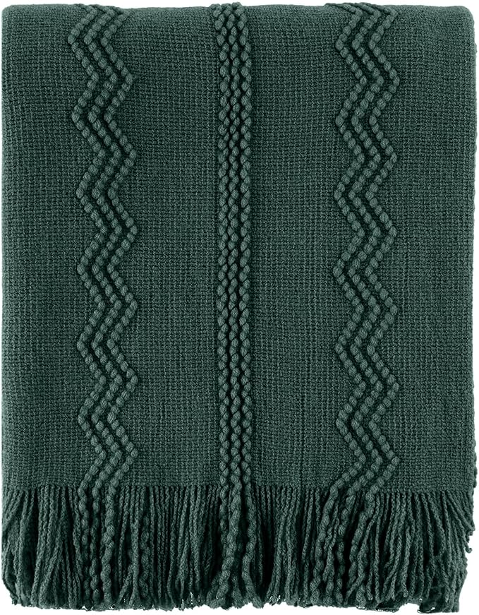 BATTILO HOME Christmas Décor Green Throw Blanket with Fringe, Geometric Bed Throws Dark Green Throws Decorative Throw Blanket