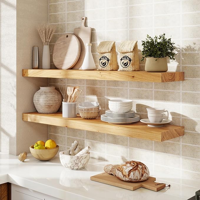 fuqing Floating Shelves for Wall, 36 inch Rustic Solid Elm Wood Floating Shelves, Wooden Wall Shelves with Invisible Heavy Du