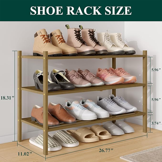 Smiry Bamboo Shoe Rack 3-Tier, Stackable Wooden Shoe Organizer for Entryway & Closet, Free Standing Wood Shoe Storage Shelf f