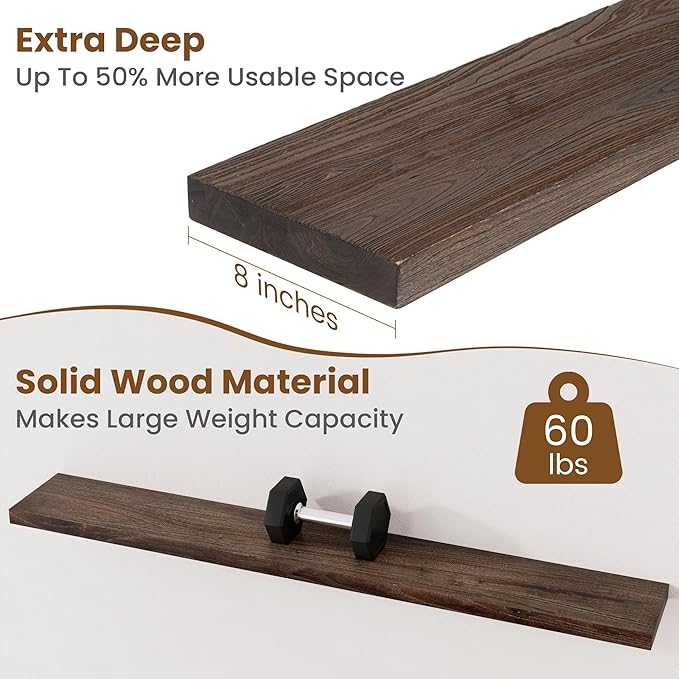Floating Shelves for Wall Decor, 8 Inch Deep Rustic Solid Elm Wood Floating Shelves Wall Mounted, Wall Shelves with Invisible