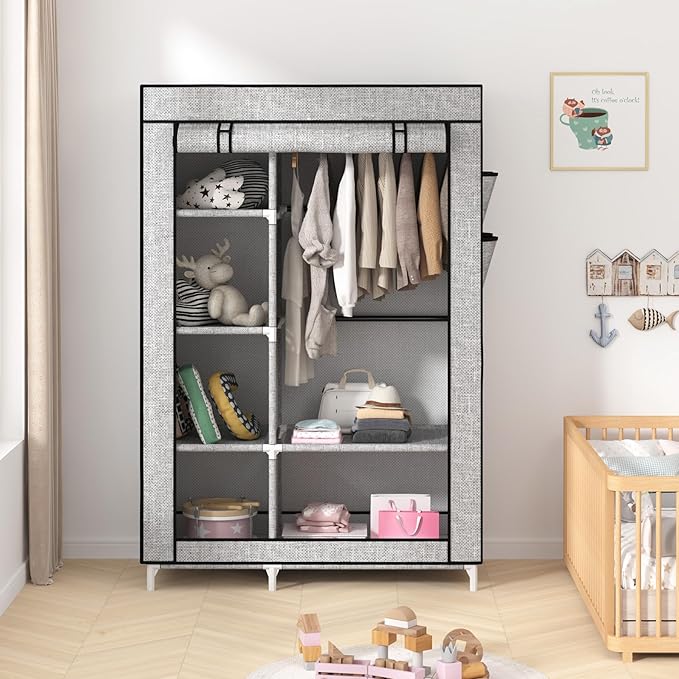 Calmootey Portable Closet Organizers, Clothing Storage, Wardrobe with 6 Shelves and Hanging Rod, Non-Woven Fabric Cover with 