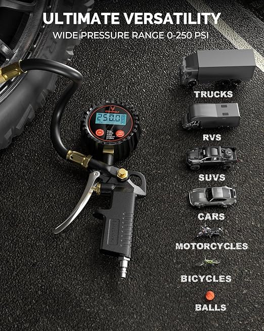 ETENWOLF T500 Digital Tire Pressure Gauge with Inflator, Tire Gauge 0-250 PSI, Calibrated to ANSI B40.7 Grade 2A, Air Chuck & Compressor Accessories with Storage Bag, Black