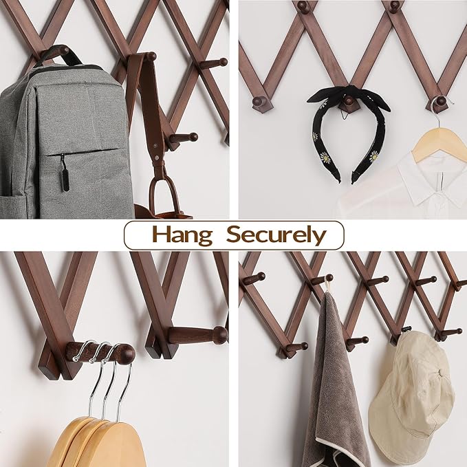 SCUNDA Hat Rack for Wall, Expandable Wall Hat Holder with 16 Hooks, 16 inch Wooden Wall Hook for Baseball Caps,Cowboy, Bag,Ho