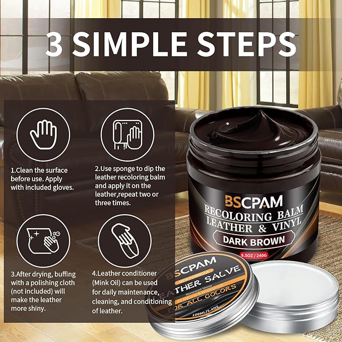 Dark Brown Leather Recoloring Balm with 100ml Mink Oil,Leather Couch Scratch Remover,Leather Repair kit for Vinyl Furniture a