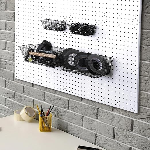 Sieral 4 Pcs Black Pegboard Baskets Metal Wire Shelf Baskets Peg Board Organizer Accessories Wall Mount Organizer Attachments