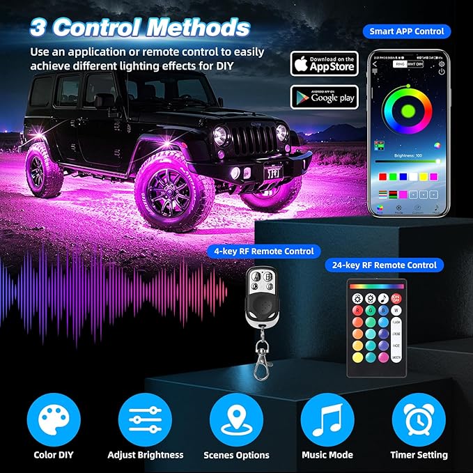 4 Pods Alloy RGB LED Rock Lights for ATV UTV RZR SUV SXS Golf Cart Trucks Car, Metal Waterproof Multicolor Underglow Kit with APP/RF Dual Remote Control Music Sync Brake Light, Neon Underbody 12V