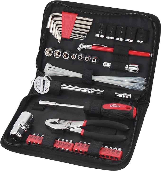 Apollo Tools 56 Piece Compact SAE Auto Tool Set in Zippered Case, Small Mechanic Tool Set for Car Emergency, Motorcycle Repai
