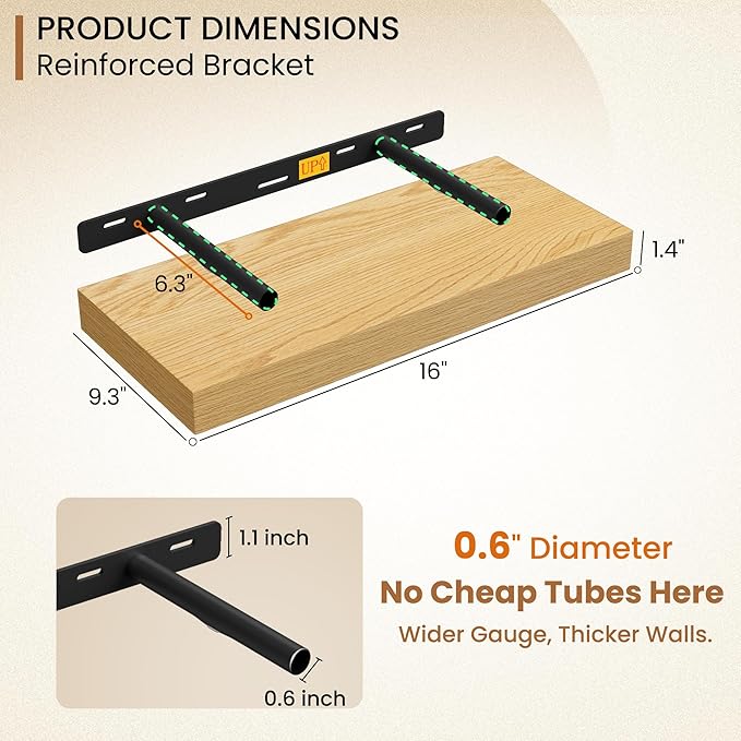 Fun Memories 16 Inch Floating Shelves for Wall, 9.3Inch Deep Floating Shelf, Extra Deeper & Thicker Wall Mounted Storage Shel