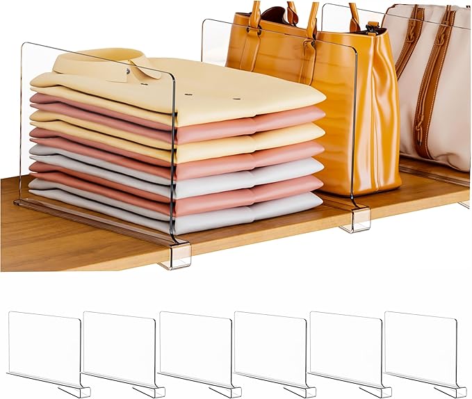 Clear Acrylic Shelf Dividers for Closet Organization - 6 Pack Closet Shelf Divider for Sweatshirt,Towel,Bag,Purse,Clothing,Sw