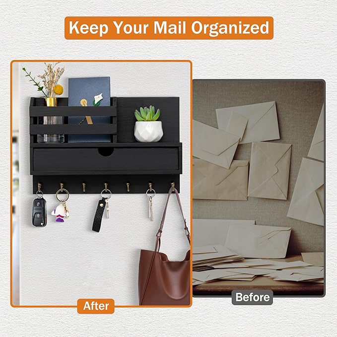 dreampossible Key and Mail Holder for Wall, Mail Organizer Wall Mount with 6 Hooks and Storage Drawer, Wooden Key Rack Hanger