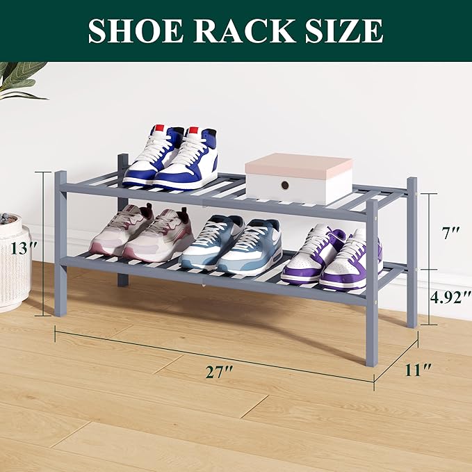 Smiry Bamboo Shoe Rack for Closet, 2 Tier Wooden Stackable Shoe Organizer, Free Standing Shoes Storage Shelf for Entryway, Fr